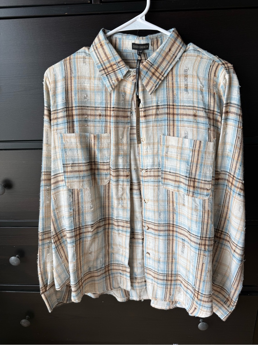 NWT Coco + Carmen Plaid Button-Up Shirt in Light Blue and Tan